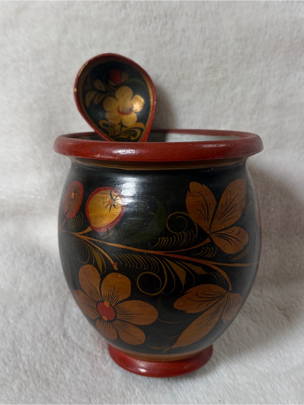 USSR Hand-Painted, Lacquer Black and Red Floral , Wooden vase and wooden spoon.